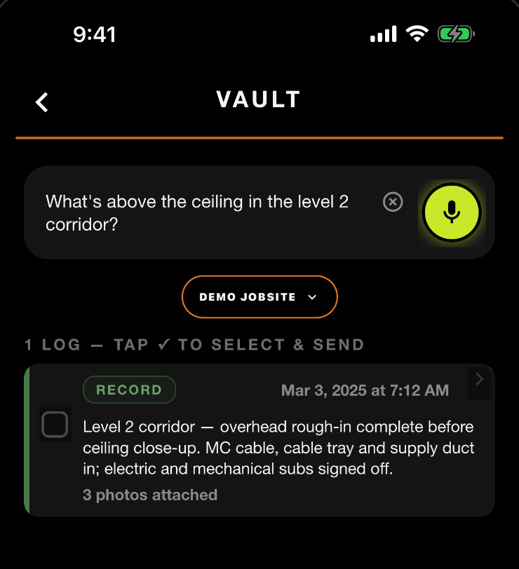 SiteLog AI Vault results — dated logs with photos returned for the question