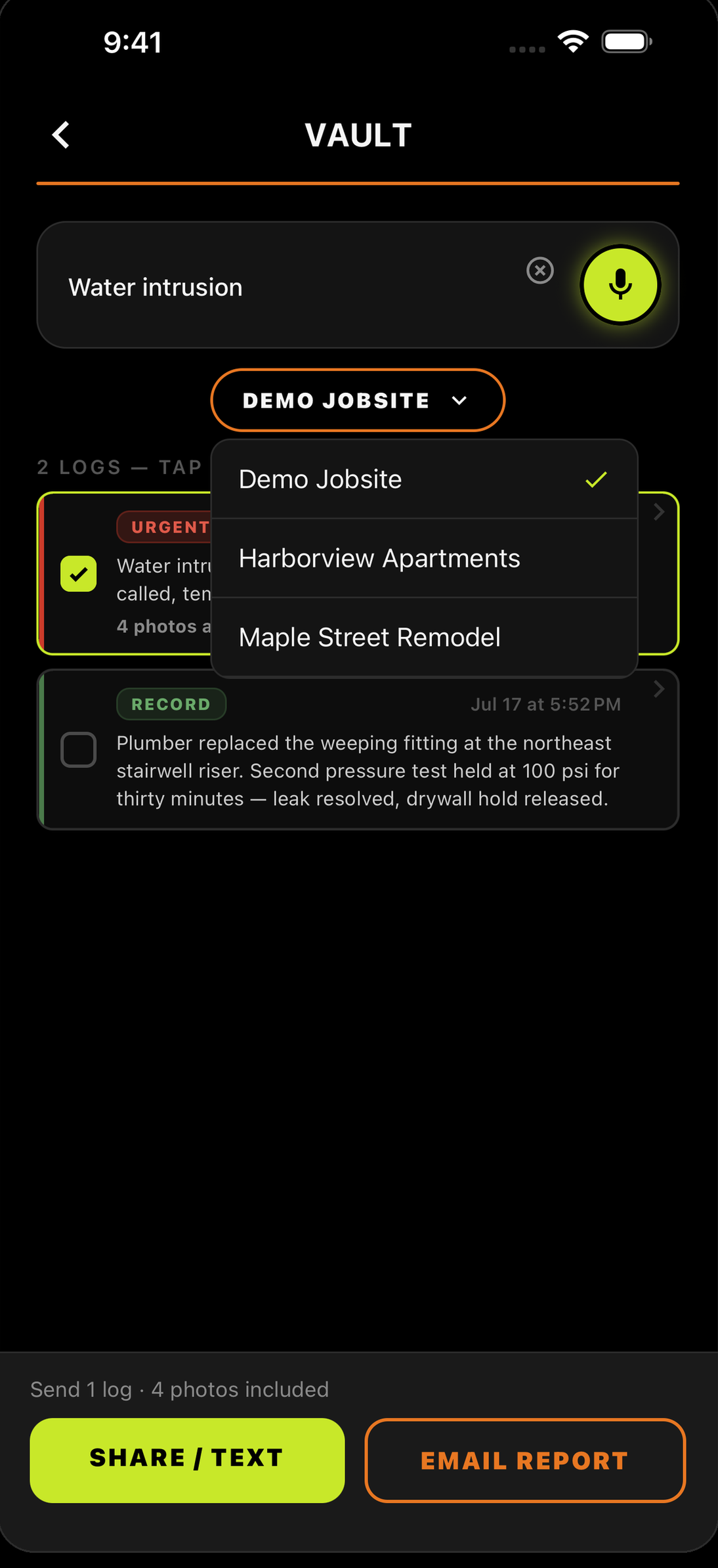 SiteLog AI capture screen with the job dropdown open, listing three jobsites