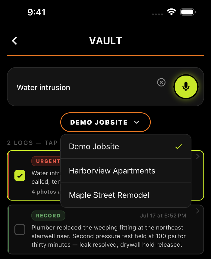 SiteLog AI Vault with the job selector open over the search results