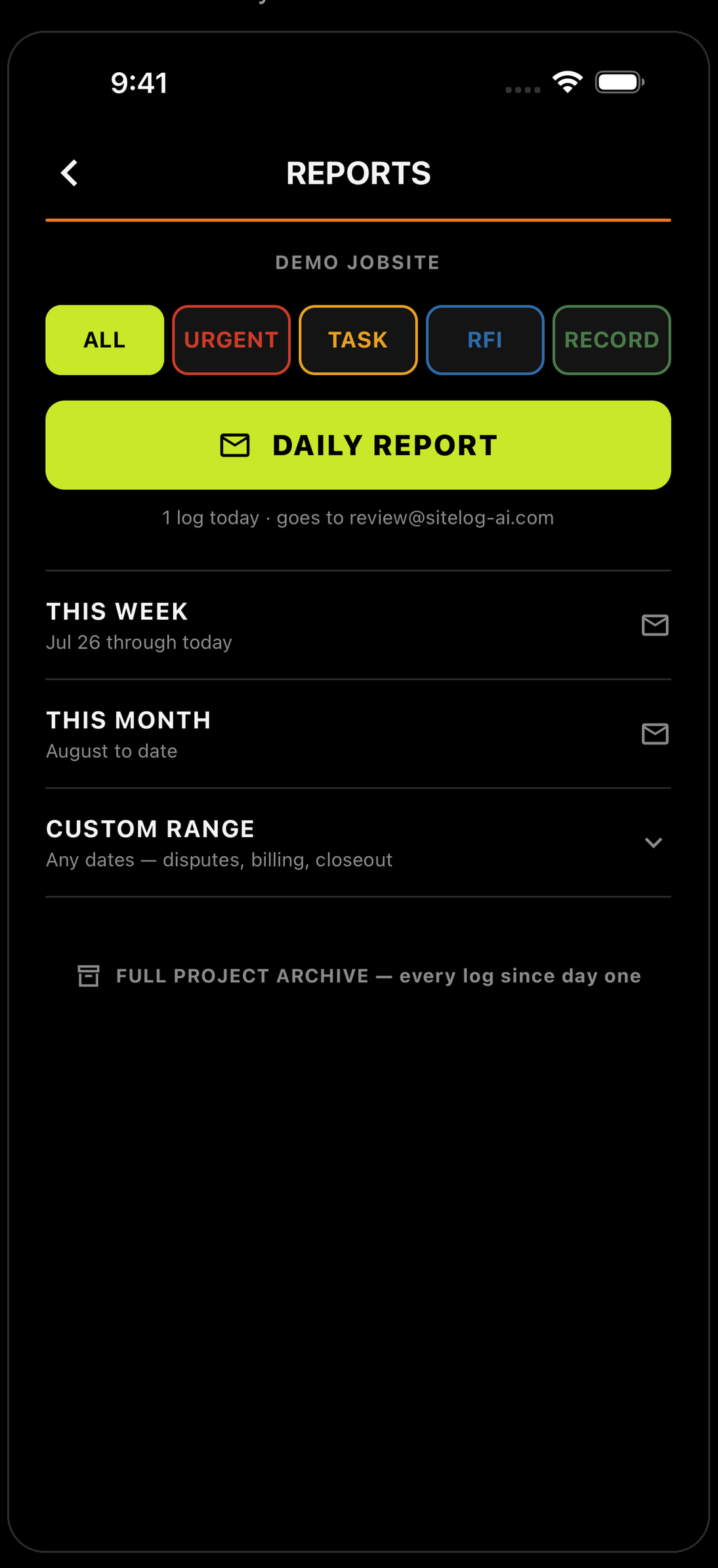 SiteLog AI custom range report pulling the extra-work dates into one PDF