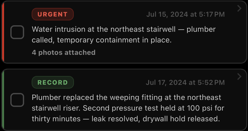 SiteLog AI Vault returning both the problem log and the repair log, dated