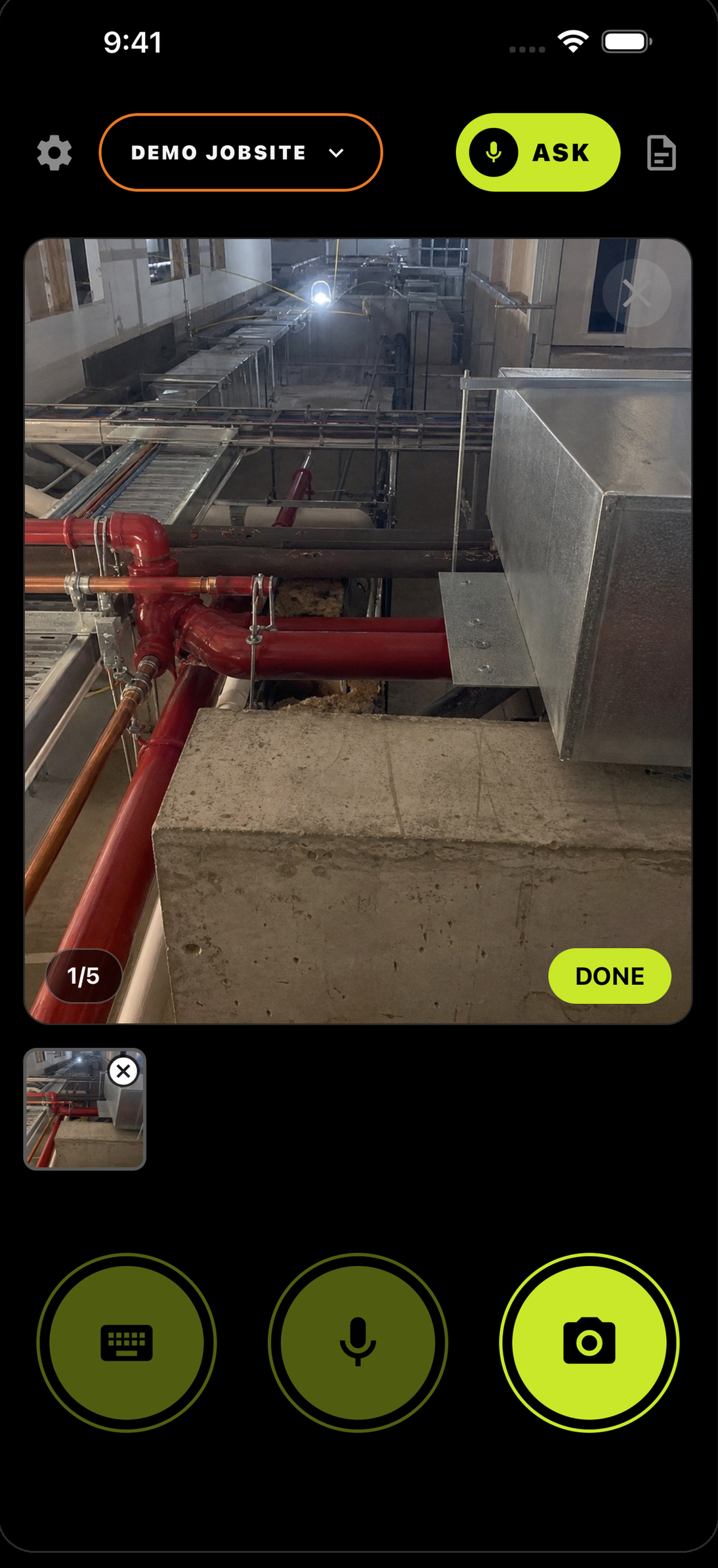 SiteLog AI camera screen — four jobsite photos taken on one log, DONE button ready