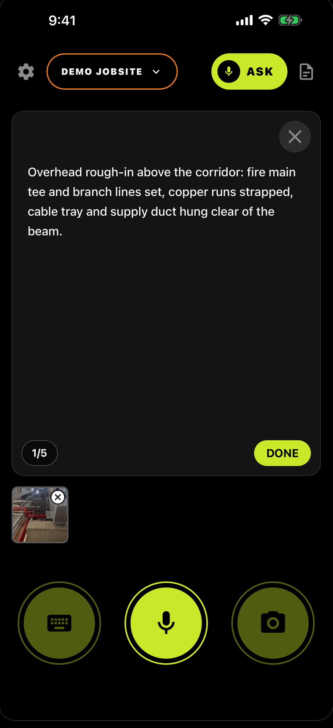 SiteLog AI recording — live transcript appearing as the super talks