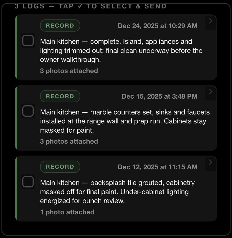 SiteLog AI results — the room's full log history in order, each entry dated