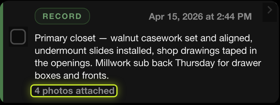 SiteLog AI search result — a dated casework log showing '4 photos attached'