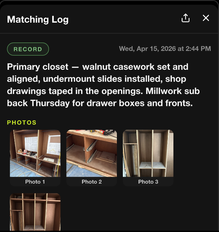 SiteLog AI matching log screen — the full note with its photos attached below