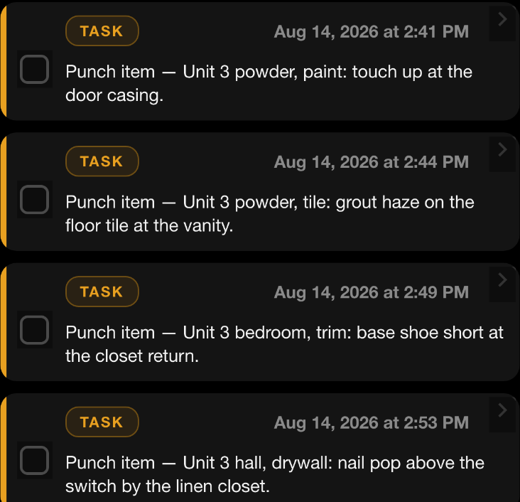 SiteLog AI Vault returning the walk's punch items as one list