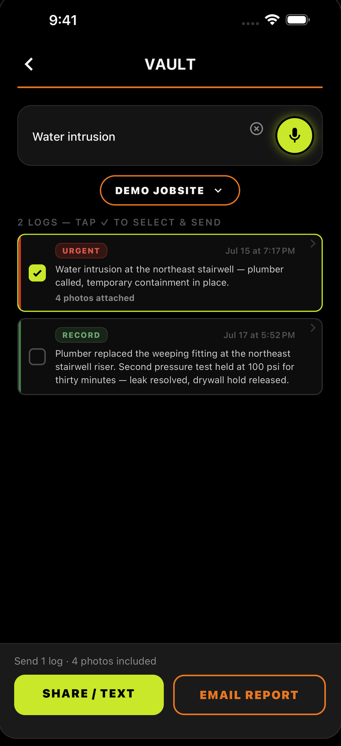 SiteLog AI reports screen filtered to TASK, ready to send the punch list