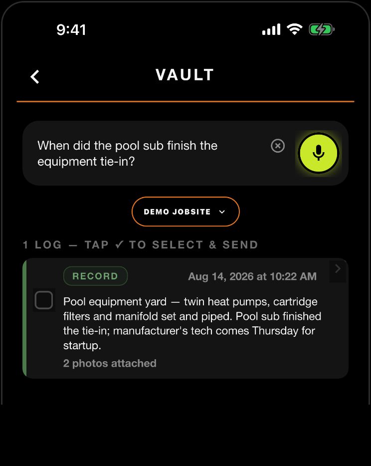 SiteLog AI Vault answering a months-later question with the dated log and photos