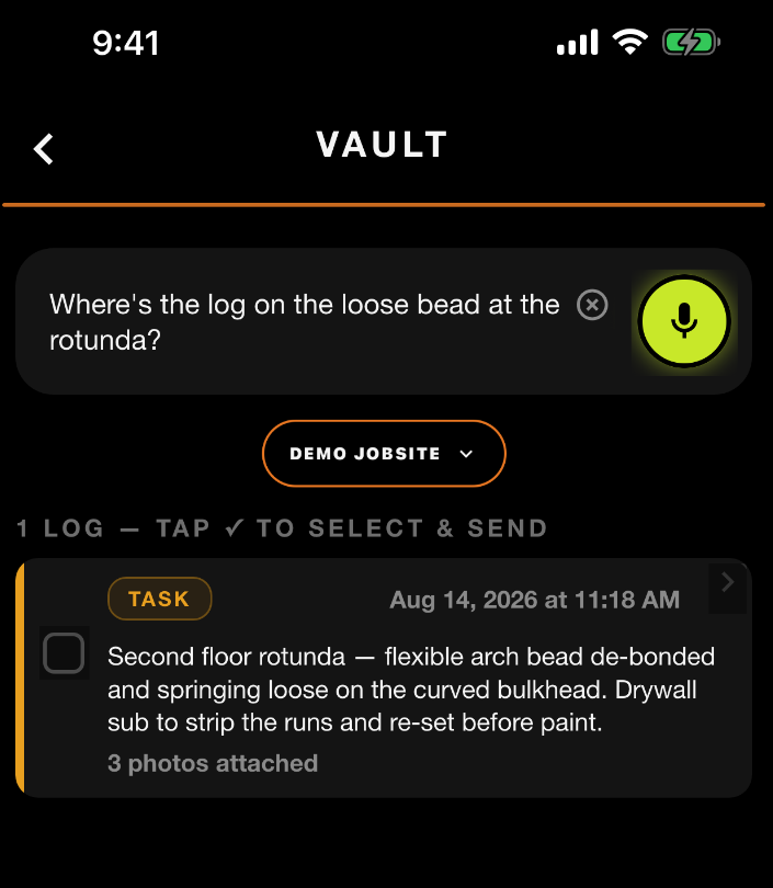 SiteLog AI Vault result — the rotunda task log with 3 photos attached