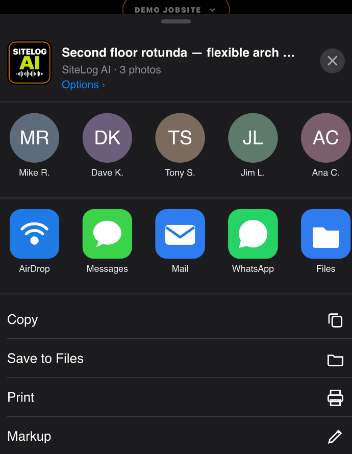 Phone share sheet over SiteLog AI — Messages, Mail, and contacts ready to receive the log