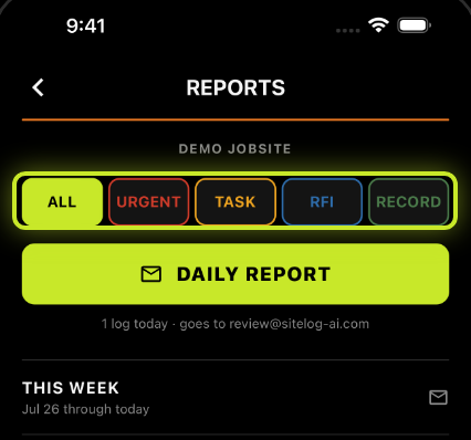 The type chips row on the SiteLog AI reports screen — ALL, URGENT, TASK, RFI, RECORD