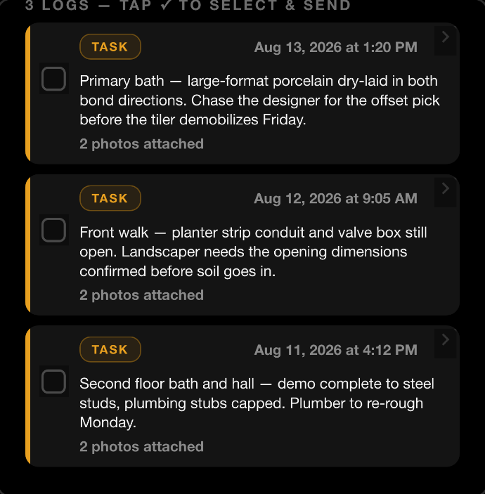 SiteLog AI Vault showing the week's task logs, each dated with photo counts