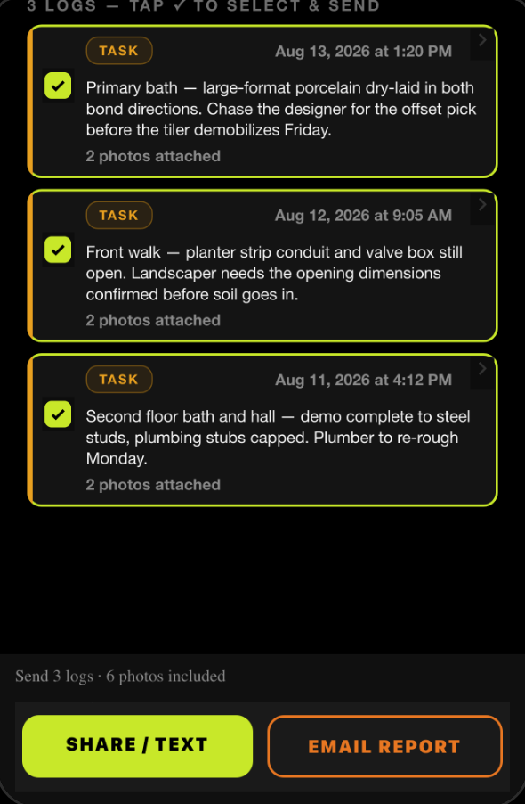 SiteLog AI logs selected — footer reads 'Send 3 logs, 6 photos included'