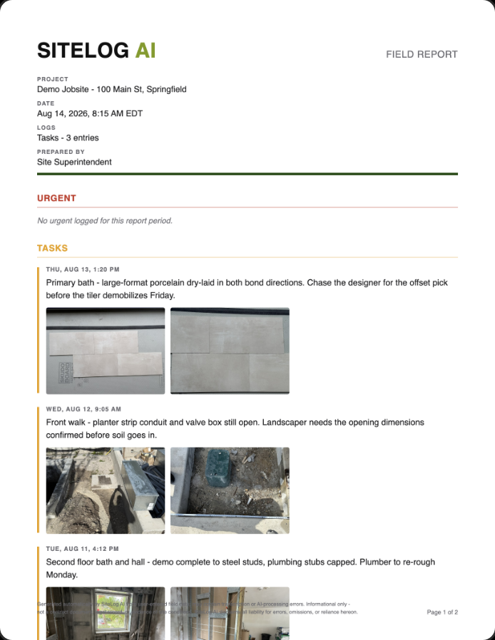The FIELD REPORT PDF built from the selected logs — sorted by type with photos