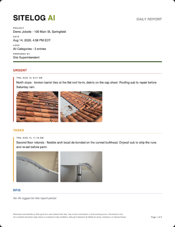 The weekly SiteLog AI report PDF as it arrives by email