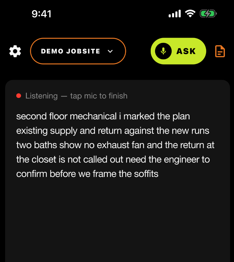 SiteLog AI capturing the marked-up plan with the question spoken in