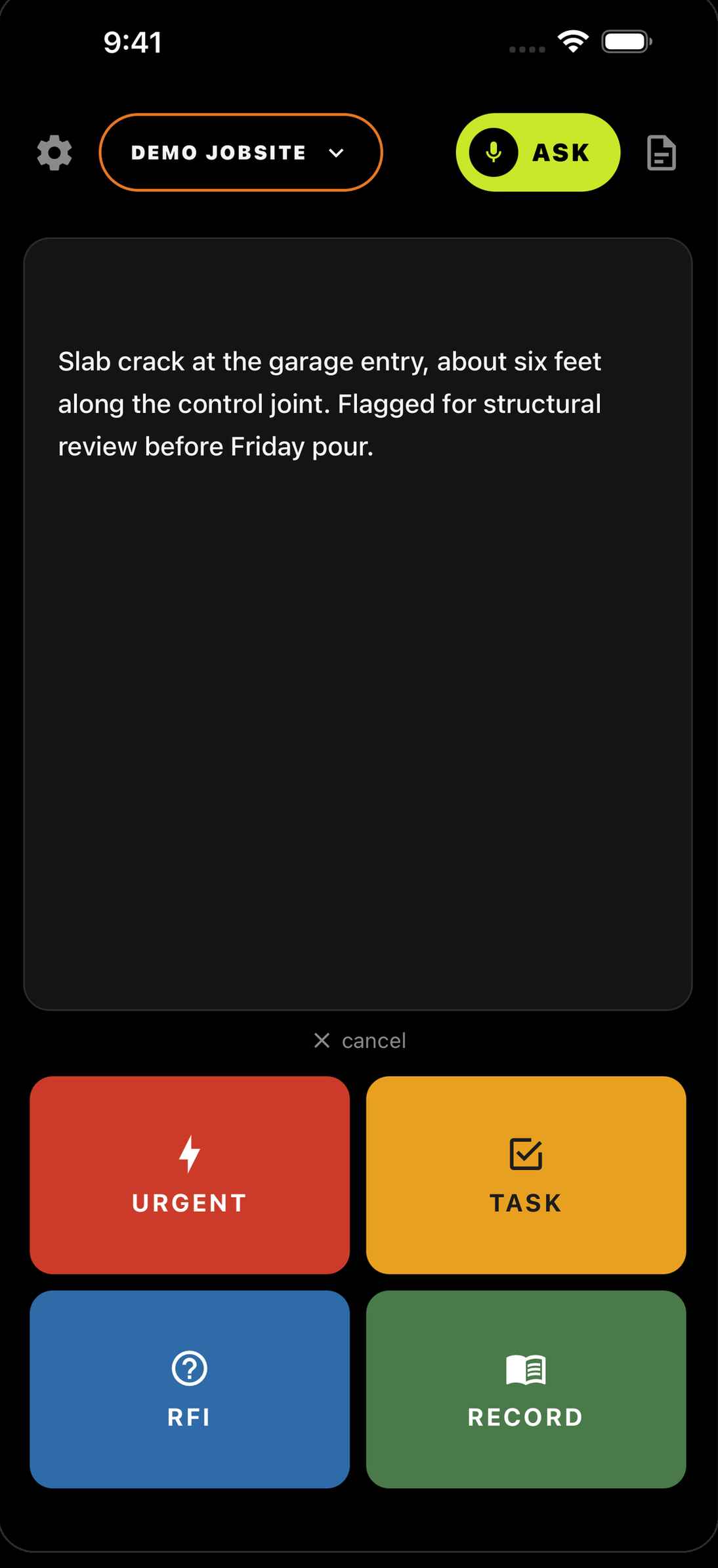SiteLog AI type picker with RFI chosen for the typed log