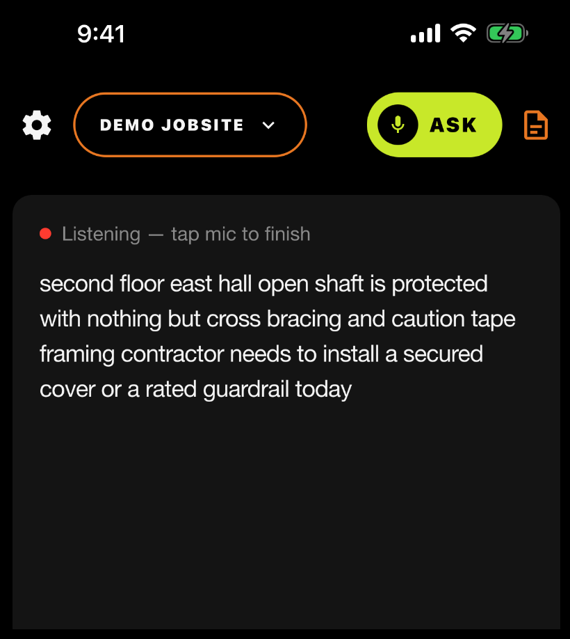 SiteLog AI capturing the safety hazard with photo and voice note