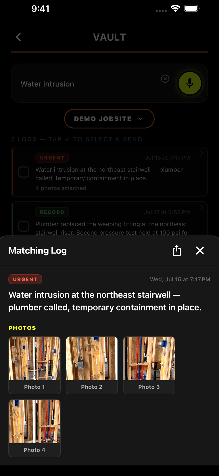 A SiteLog AI log opened to show an urgent water-intrusion note with four jobsite photos attached to it
