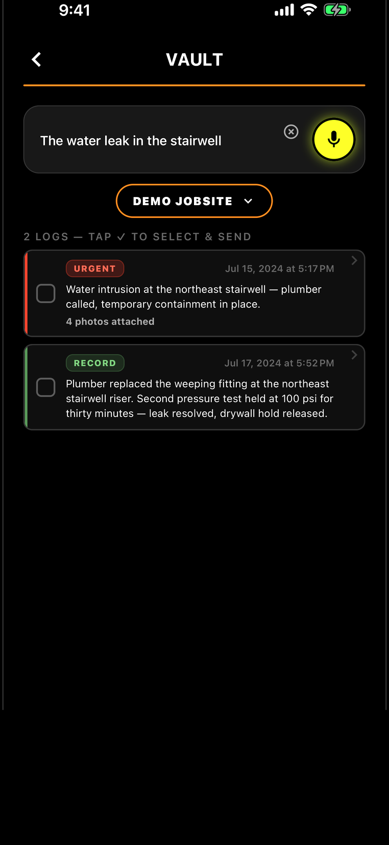 SiteLog AI Vault returning the matching logs for a question — an urgent water-intrusion note and its resolution, both dated two years back, found in seconds