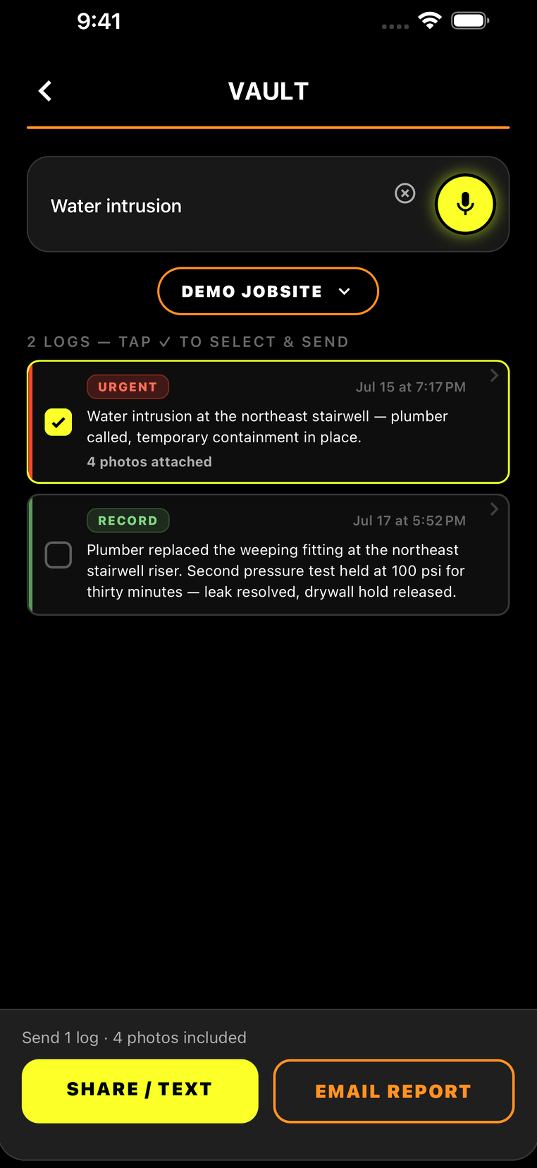 SiteLog AI Vault with a log selected and a Share / Text and Email Report bar ready to send it — one log, four photos included